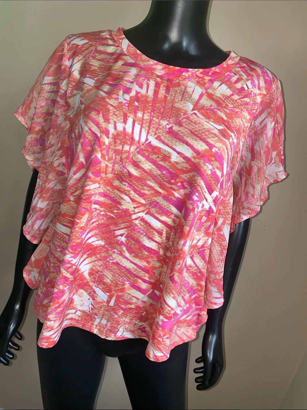 Karen Scott Pink and Orange Printed Flutter-Sleeve Blouse